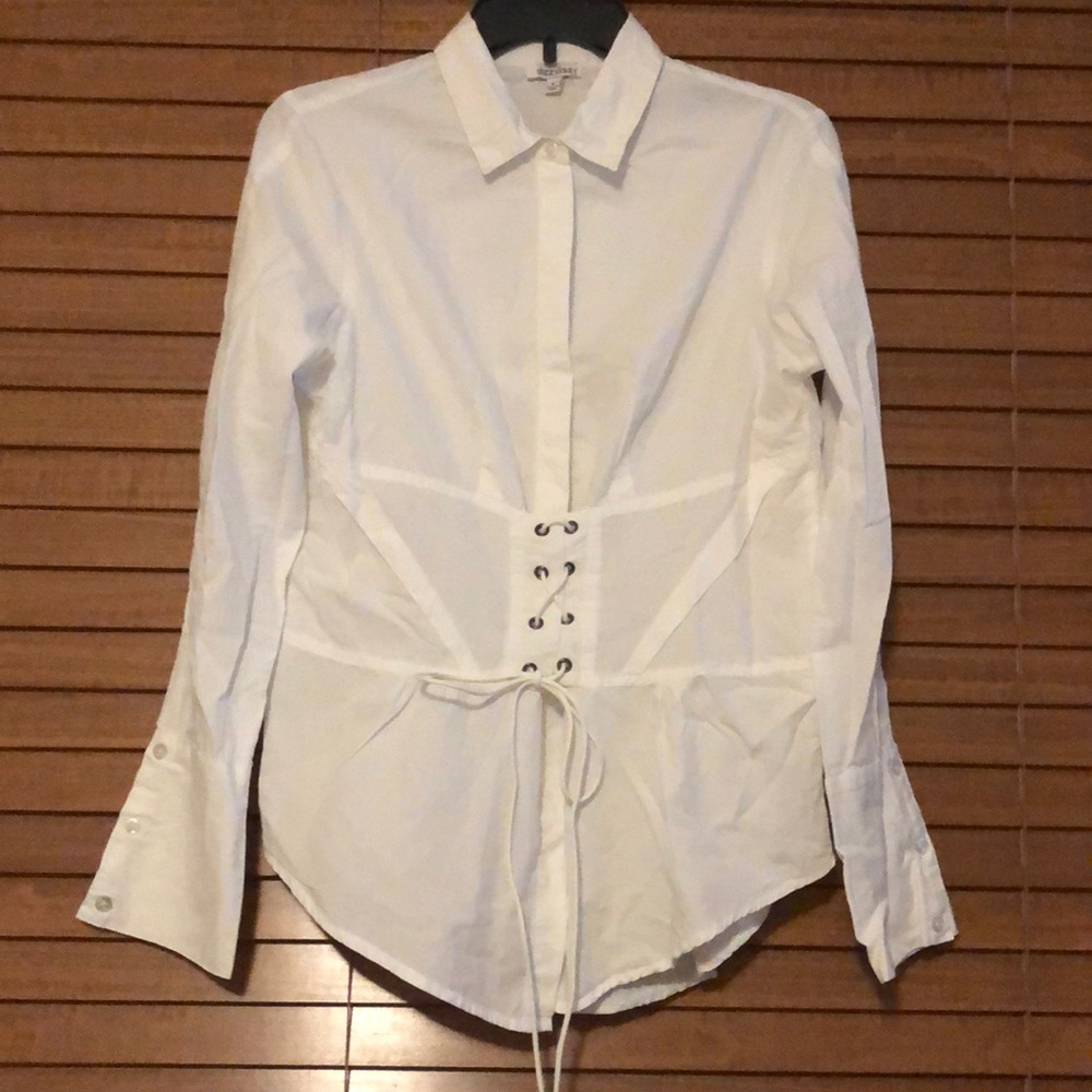 White cotton corset waist long sleeve blouse